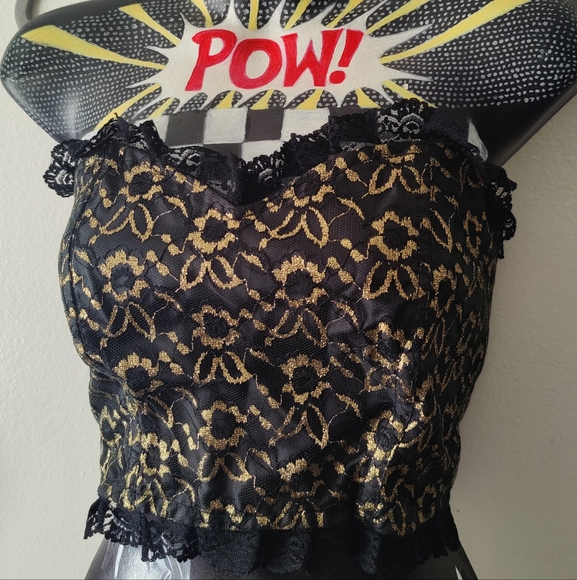 80s Vintage Black & Gold Lace Strapless Bustier Top - Picture 1 of 6
